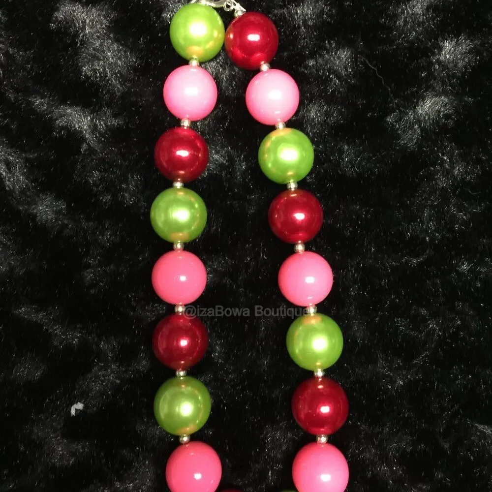 Red, Green & Pink Chunky Bead Necklace   NK7143  Handmade NWT Boutique